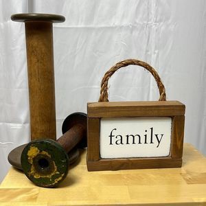 Vintage decorative spools and sigh.  All three items